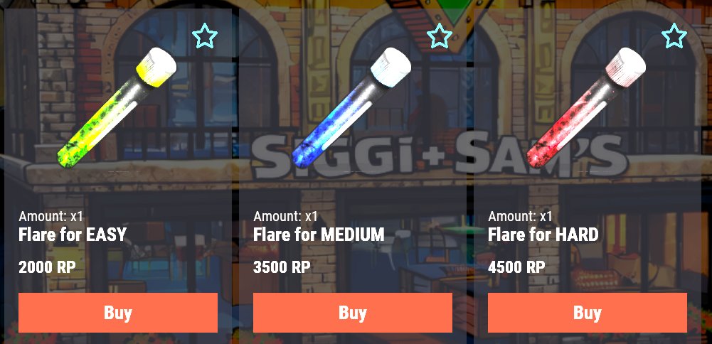 Flare types — Easy (Green, 2000 RP), Medium (Blue, 3500 RP), Hard (Red, 4500 RP)